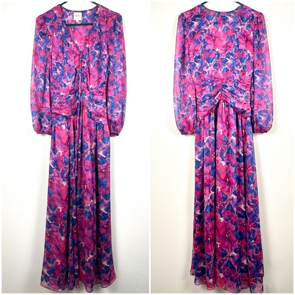 Misa Los Angeles Imelda Pink & Blue Watercolor Chiffon Ruched Maxi Dress - Picture 3 of 7